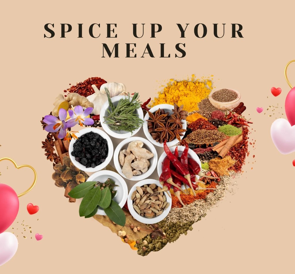 A heart-shaped arrangement of fresh herbs, spices, and cooking ingredients